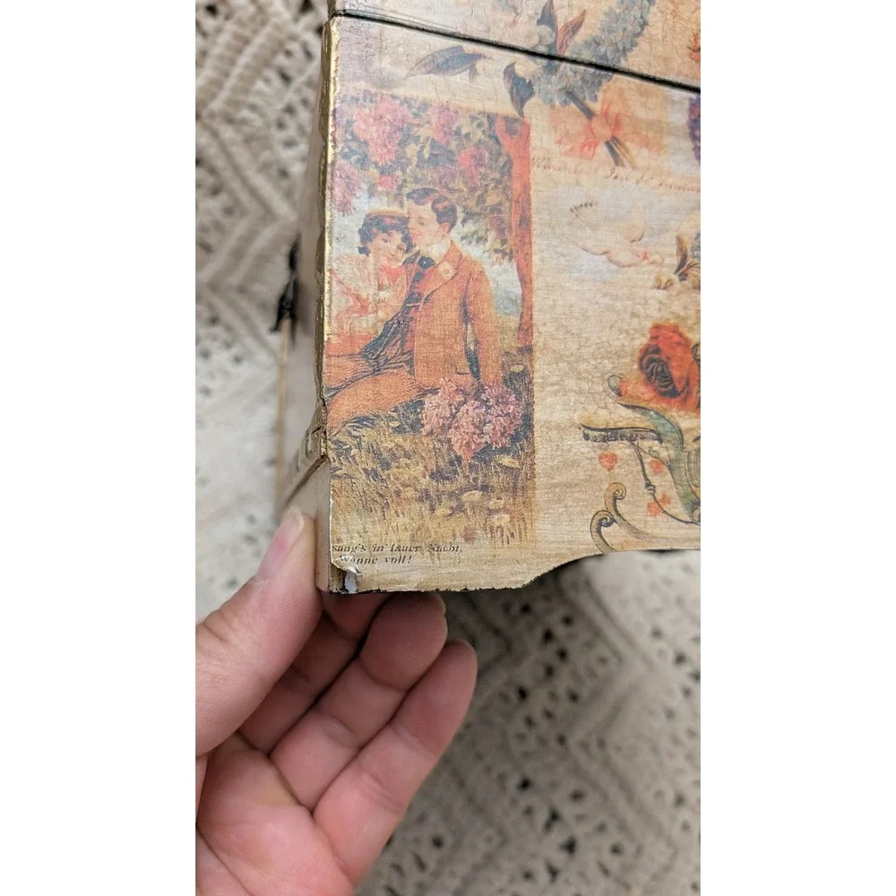 Vintage Style Decoupage Wooden Treasure Chest Jewelry Keepsake Box Gold Trim